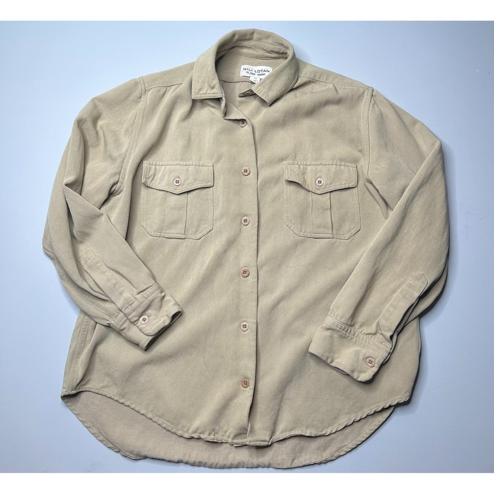 Nili Lotan Utility Shirt Womens XS Tan Linen Cotton Button Up Long Sleeve